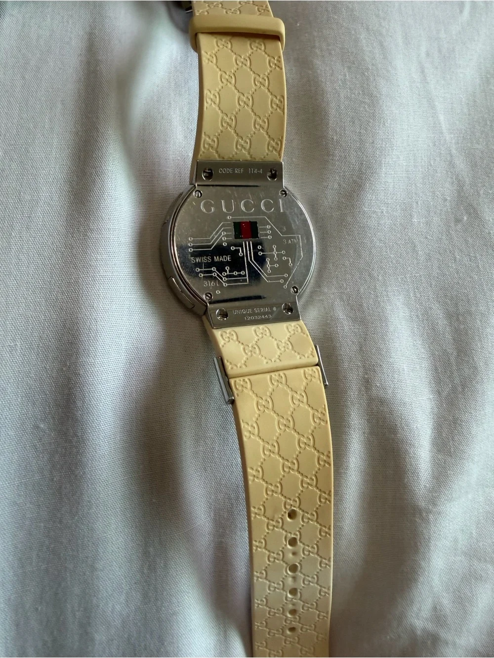 Gucci Cream Digital Round Watch with GG Embossed Silicone Strap